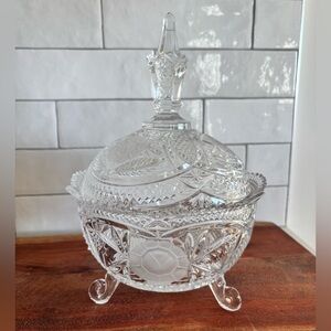 VTG Crystal Clear 3 Footed Candy Dish W/ Lid Cut Flower Rose EUC Mint Large